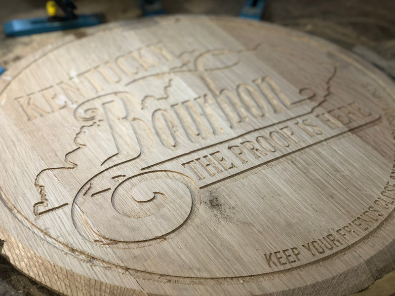 Bourbon Whiskey Barrel Head, Carved Rustic Bar Sign with Kentucky State Bourbon Quote