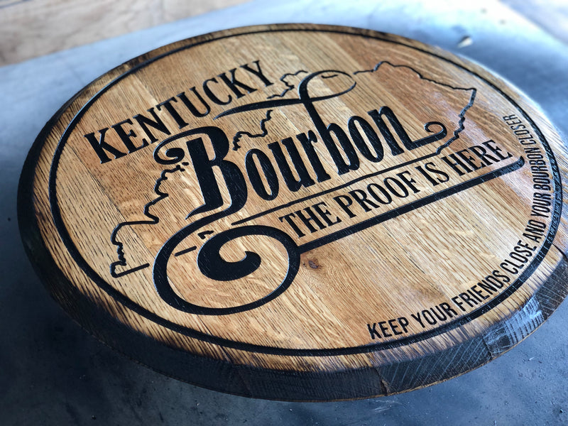 Bourbon Whiskey Barrel Head, Carved Rustic Bar Sign with Kentucky State Bourbon Quote