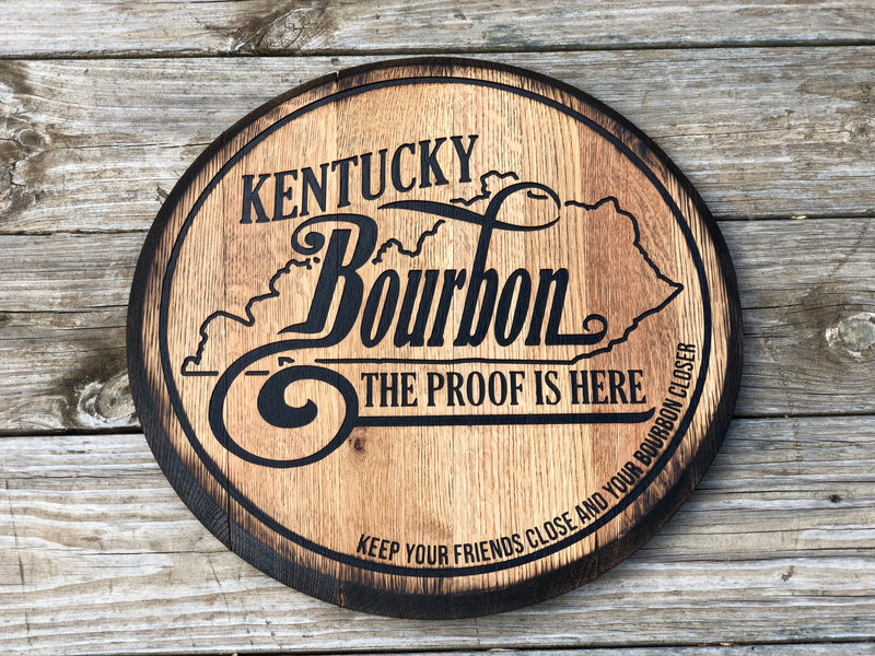 Bourbon Whiskey Barrel Head, Carved Rustic Bar Sign with Kentucky State Bourbon Quote