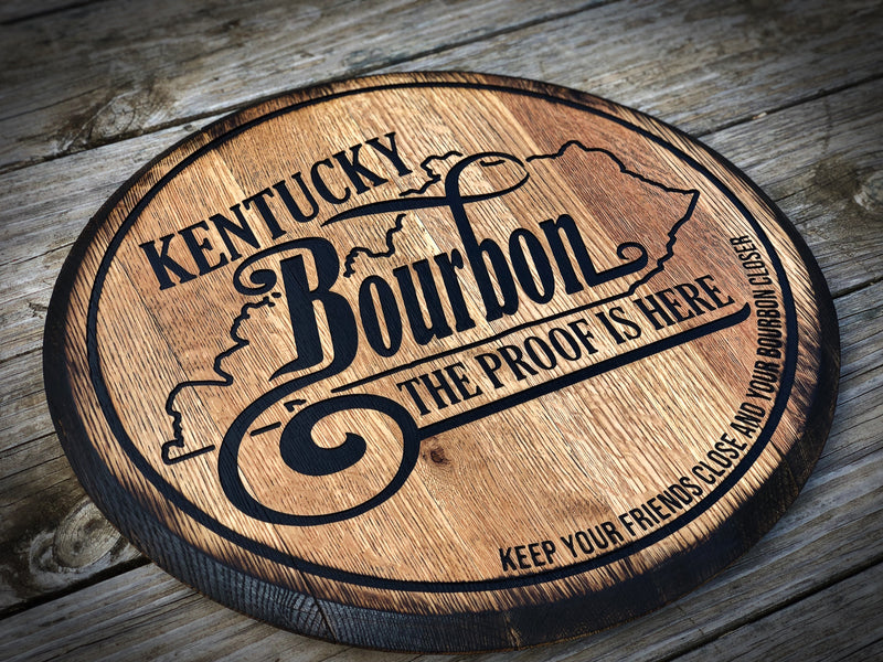 Bourbon Whiskey Barrel Head, Carved Rustic Bar Sign with Kentucky State Bourbon Quote