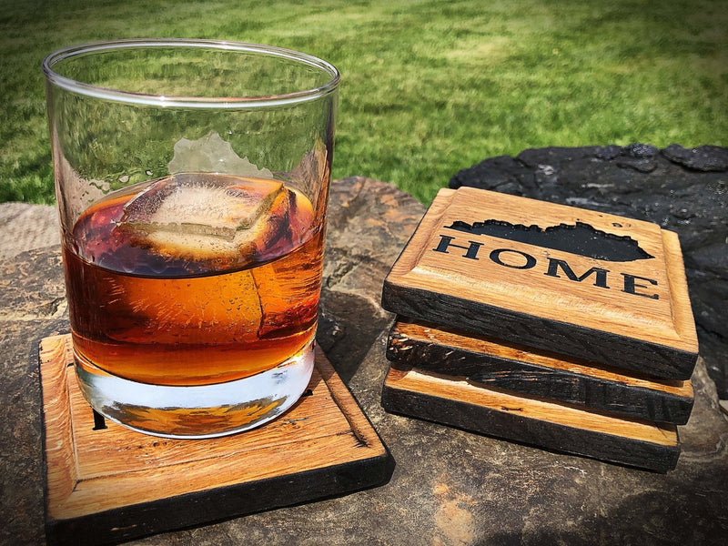 Handcrafted Rustic Oak Drink Coaster Set, Carved with Home State, Bourbon Bar Decor - Crosswired Creations