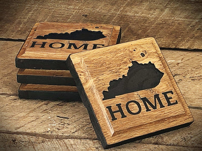 Handcrafted Rustic Oak Drink Coaster Set, Carved with Home State, Bourbon Bar Decor - Crosswired Creations