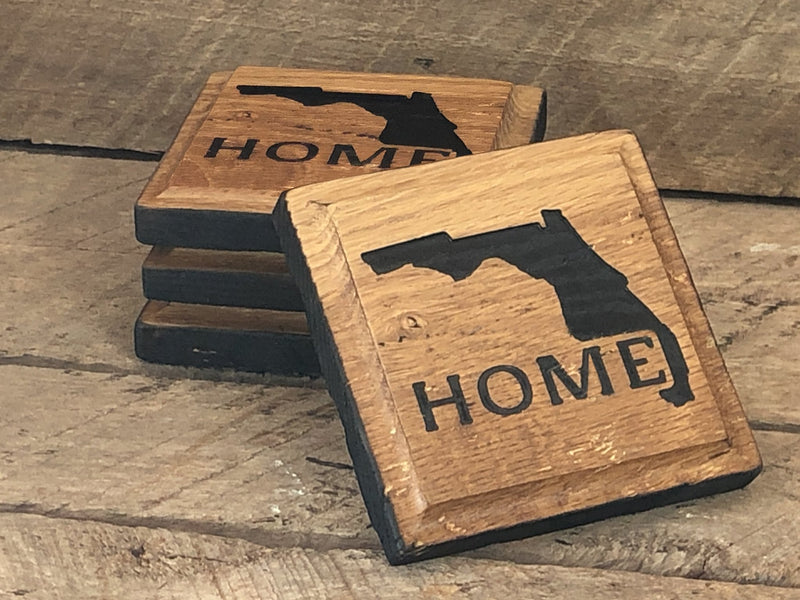 Handcrafted Rustic Oak Drink Coaster Set, Carved with Home State, Bourbon Bar Decor - Crosswired Creations