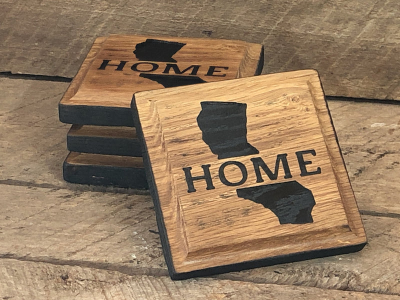 Handcrafted Rustic Oak Drink Coaster Set, Carved with Home State, Bourbon Bar Decor - Crosswired Creations