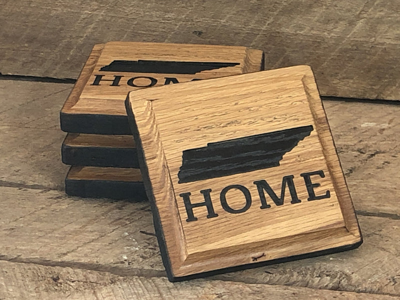 Handcrafted Rustic Oak Drink Coaster Set, Carved with Home State, Bourbon Bar Decor - Crosswired Creations