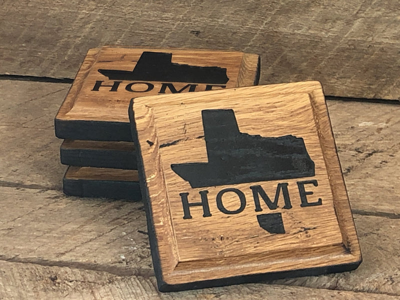 Handcrafted Rustic Oak Drink Coaster Set, Carved with Home State, Bourbon Bar Decor - Crosswired Creations
