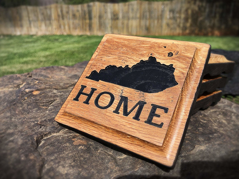 Handcrafted Rustic Oak Drink Coaster Set, Carved with Home State, Bourbon Bar Decor - Crosswired Creations