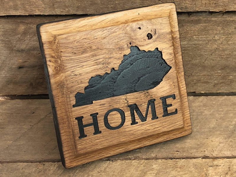 Handcrafted Rustic Oak Drink Coaster Set, Carved with Home State, Bourbon Bar Decor - Crosswired Creations