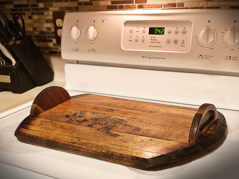 Handcrafted Whiskey Barrel Serving Tray,  Noodle Board, Charcuterie with carved hardwood handles, Best Gift for The Bourbon Whiskey Lover