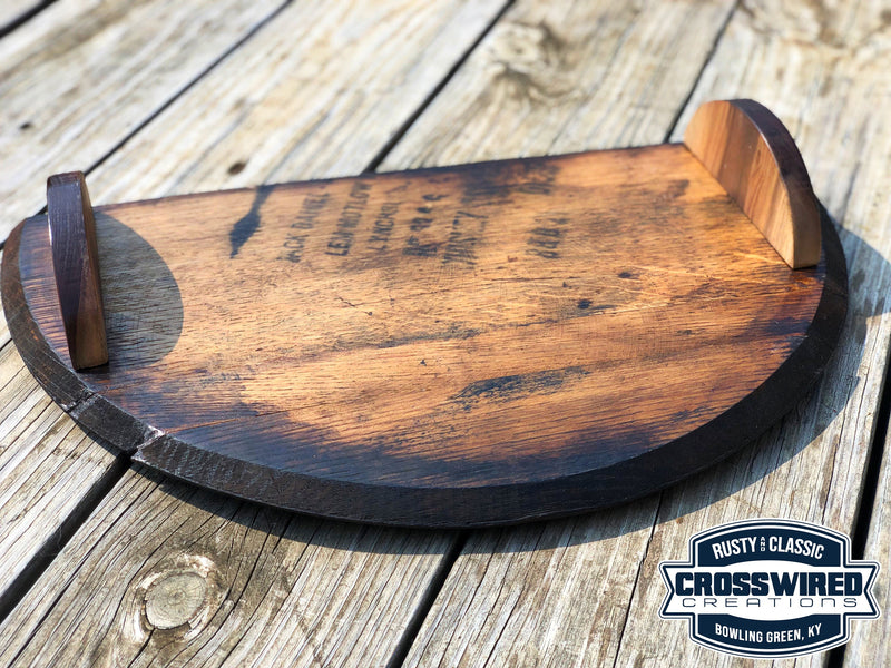 Handcrafted Whiskey Barrel Serving Tray,  Noodle Board, Charcuterie with carved hardwood handles, Best Gift for The Bourbon Whiskey Lover