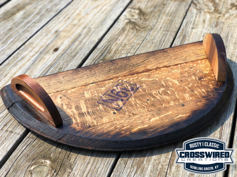 Handcrafted Whiskey Barrel Serving Tray,  Noodle Board, Charcuterie with carved hardwood handles, Best Gift for The Bourbon Whiskey Lover