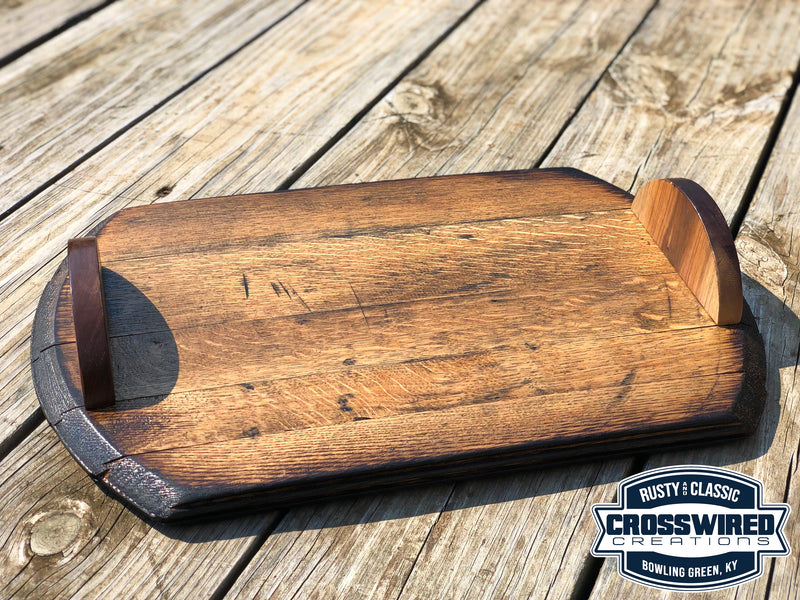 Handcrafted Whiskey Barrel Serving Tray,  Noodle Board, Charcuterie with carved hardwood handles, Best Gift for The Bourbon Whiskey Lover