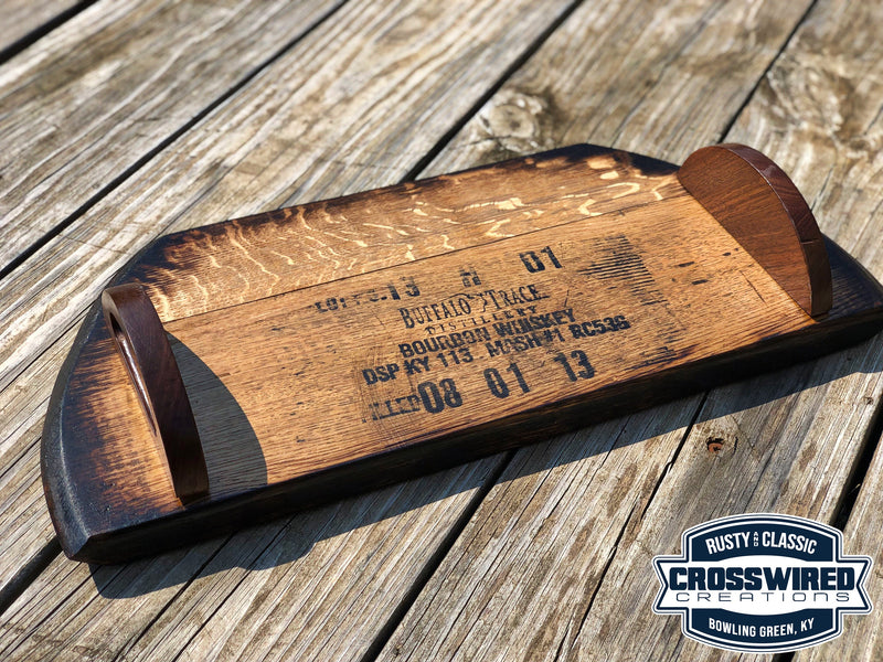 Handcrafted Whiskey Barrel Serving Tray,  Noodle Board, Charcuterie with carved hardwood handles, Best Gift for The Bourbon Whiskey Lover