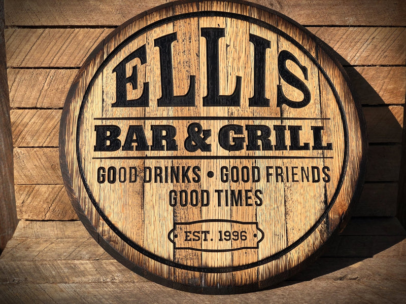 Personalized Bourbon Barrel Bar Sign - Basement Bar, Man Cave, Bourbon Lover Decor - Crosswired Creations