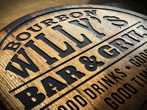 Make a bold statement in your home, office, man cave or she shed with this personalized Bourbon-Whiskey Barrel Head from Crosswired Creations!  