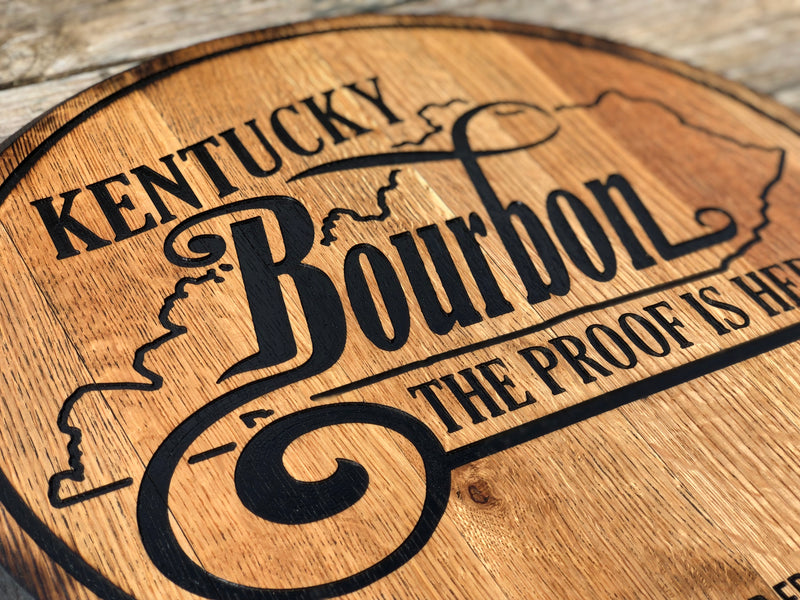 Bourbon Whiskey Barrel Head, Carved Rustic Bar Sign with Kentucky State Bourbon Quote