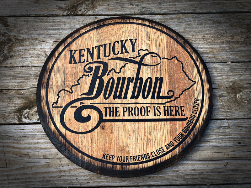 Bourbon Whiskey Barrel Head, Carved Rustic Bar Sign with Kentucky State Bourbon Quote