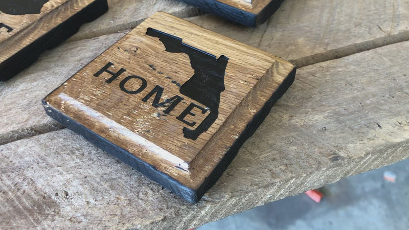 Handcrafted Rustic Oak Drink Coaster Set, Carved with Home State, Bourbon Bar Decor by Crosswired Creations