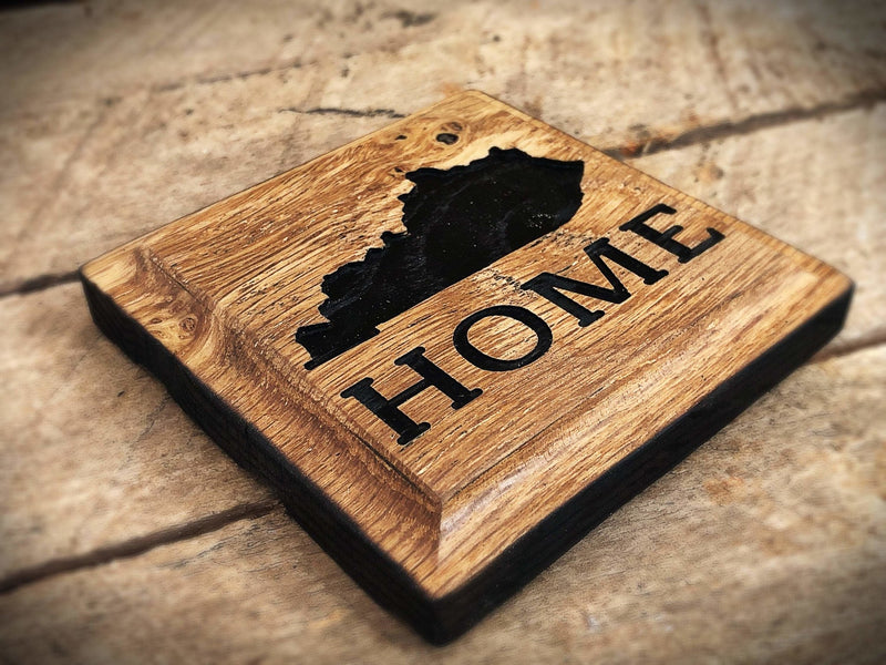 Handcrafted Rustic Oak Drink Coaster Set, Carved with Home State, Bourbon Bar Decor - Crosswired Creations