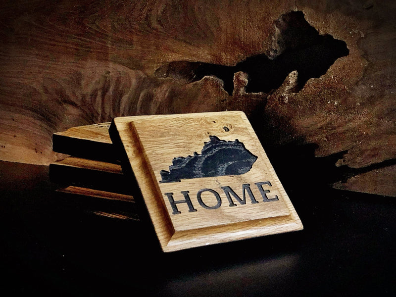 Handcrafted Rustic Oak Drink Coaster Set, Carved with Home State, Bourbon Bar Decor - Crosswired Creations