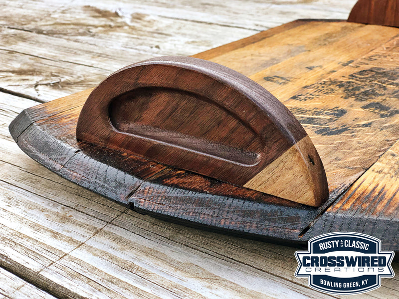 Handcrafted Whiskey Barrel Serving Tray,  Noodle Board, Charcuterie with carved hardwood handles, Best Gift for The Bourbon Whiskey Lover