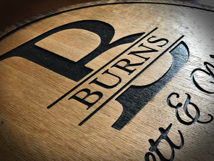 Engraved logo barrel top, bourbon store barrel tray, lazy susan, wall art