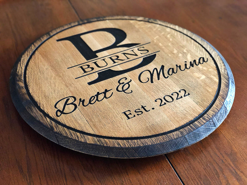 Personalized Lazy Susan, carved whiskey-bourbon barrel top, rustic wed –  Crosswired Creations