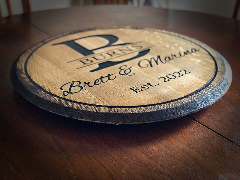 Personalized Lazy Susan, carved whiskey-bourbon barrel top, rustic wedding turntable centerpiece