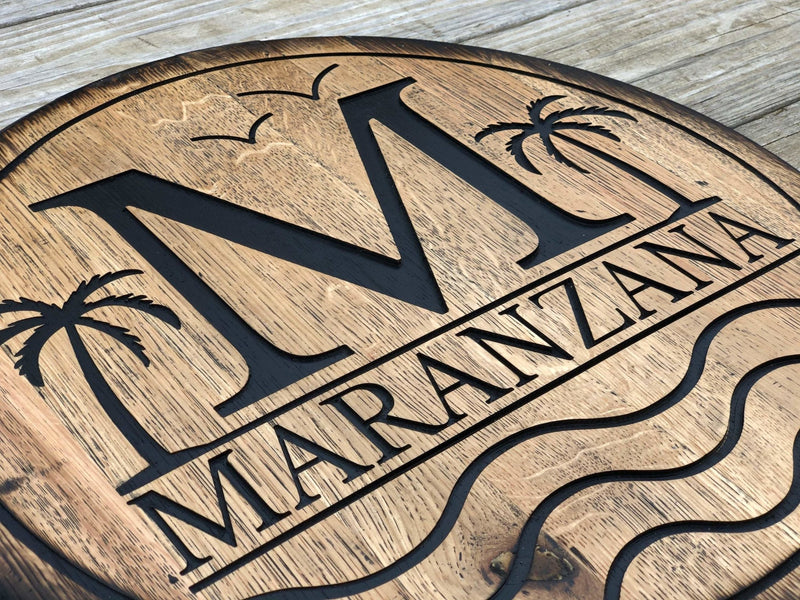 Personalized Beach House Barrel Sign, Carved Monogram and Tropical Theme - Crosswired Creations