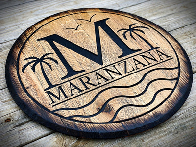 Personalized Beach House Barrel Sign, Carved Monogram and Tropical Theme - Crosswired Creations