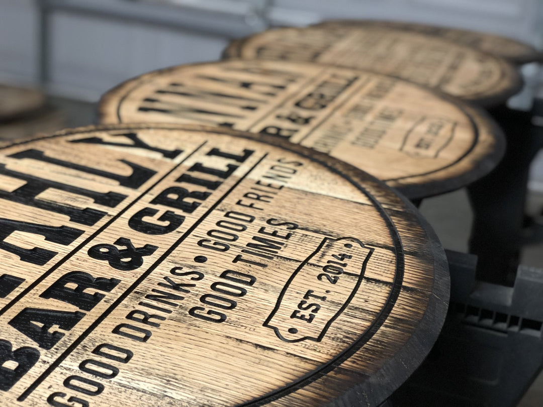 Bourbon Distillery Bar Sign with Authentic Barrel Background Bourbon Distillery Bar Sign with Authentic Barrel Background
