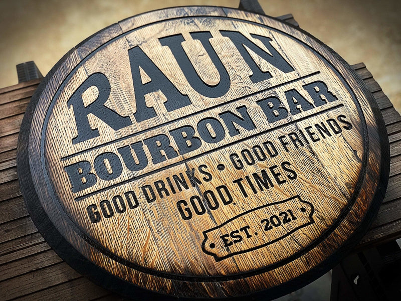 Personalized Bourbon Barrel Bar Sign, Carved and torched, Man Cave Garage Art, Whiskey Bar Sign - Crosswired Creations