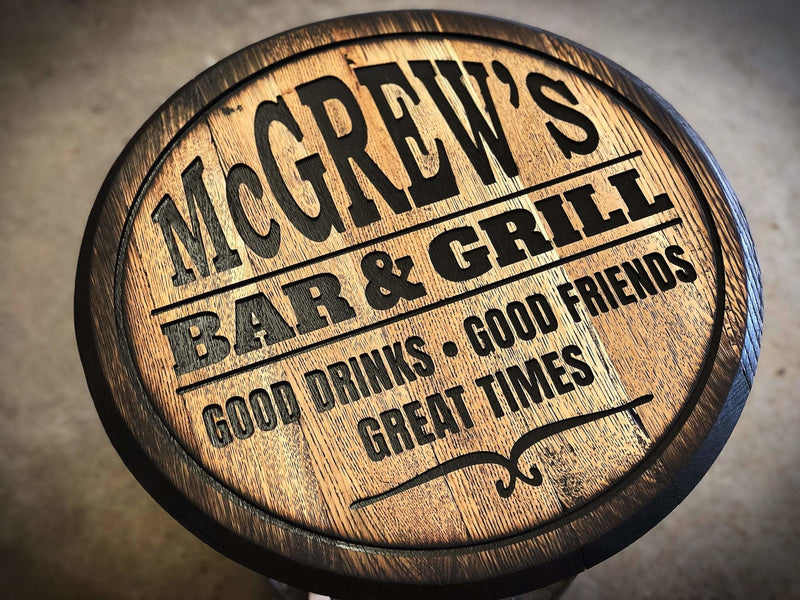 Personalized Bourbon Barrel Bar Sign, Carved and torched, Man Cave Garage Art, Whiskey Bar Sign - Crosswired Creations