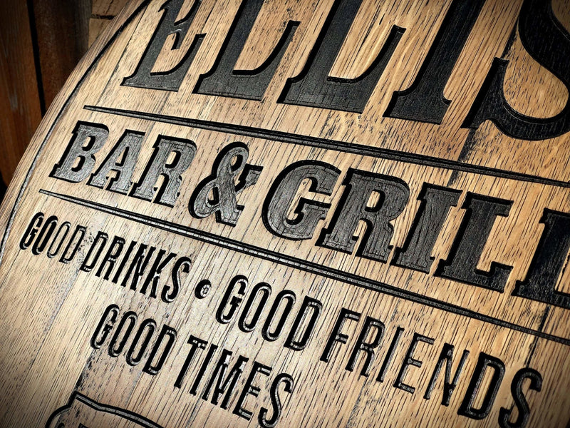 Personalized, Carved, Bourbon Barrel Bar & Grill Sign - Whiskey Bar, Basement Bar Decor - Crosswired Creations