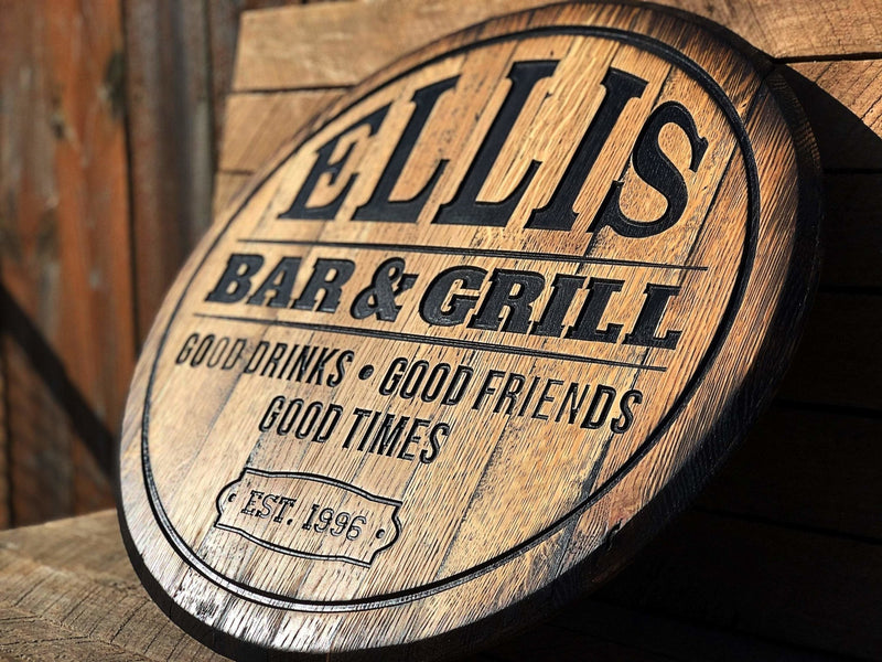 Personalized, Carved, Bourbon Barrel Bar & Grill Sign - Whiskey Bar, Basement Bar Decor - Crosswired Creations