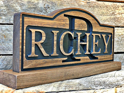 Personalized Walnut Desk Name Plate, Carved Walnut Name Plate, 2 Piece Design - Crosswired Creations